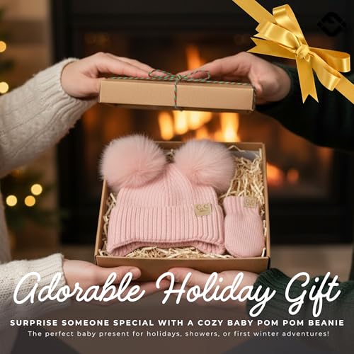 Funky Junque Baby Double Faux Fur Pom Pom Beanie & Mittens Set – Newborn Infant 0–9 Months Winter Hat with Soft Lined Mittens - color: Ear Flap Light Pink W/ Light Pink Mittens (0-9 Months)