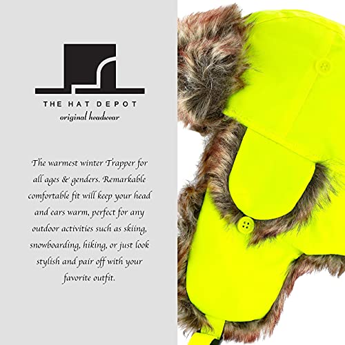 Faux Fur Safety Reflective Plain Plaid Aviator Trapper Hat Snow Ski Trooper Winter Cap - color: 1. Plain - Neon Yellow, size: Small-Medium
