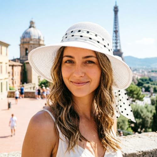 DRESHOW Women Straw Panama Hat Travel Fedora Beach Sun Hat Summer Wide Brim Straw Roll up Hat UPF 50+ - color: 1 Pack Bowknot Straw Hat: White (White Band)