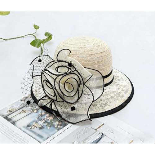 Women's Kentucky Derby Church Dress Hat Wide Brim Leaf Flower Bridal Shower Hat - color: R7 Beige,black Edge