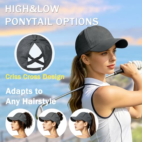2Pack Womens Criss Cross Ponytail Baseball Cap, Quick Drying UV Protection Breathable Sport Outdoor Sun Hat - color: Black+dark Grey