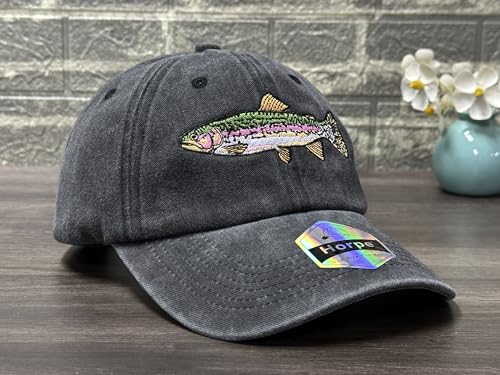 Fishing Baseball Cap for Men Women, Adjustable Embroidered Fish Hat - color: Rainbow Trout (Washed Black)