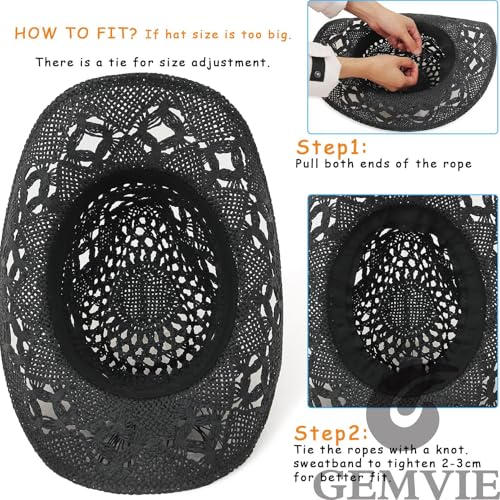 GEMVIE Men & Women's Summer Cowboy Cowgirl Straw Hat Hollow Out Style Roll Up Brim Cowboy Sun Hat - color: Black