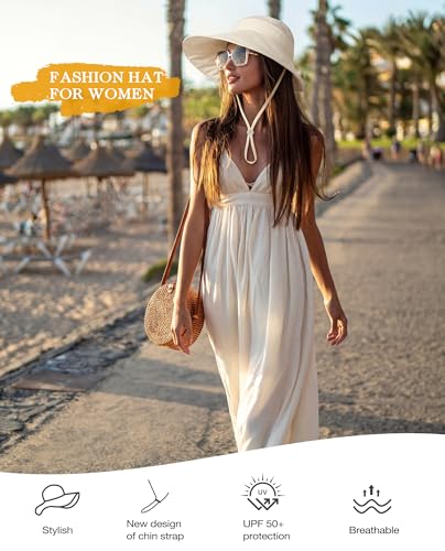Sun Hats UV Protection Wide Brim Ponytail Beach hat for Women White