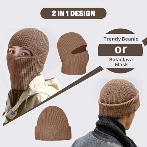 BROKIG 2 in 1 Balaclava Ski Mask Beanie Black Winter Knit Ski Face Mask - color: Beige