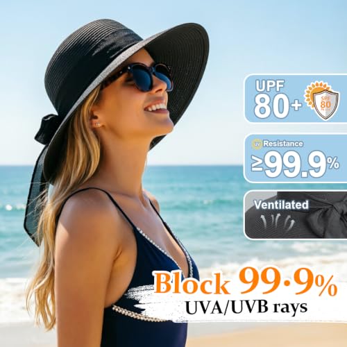 DRESHOW Sun Hats for Women Summer Wide Brim Beach Straw Hat Bowknot Bucket Hats Foldable Floppy Beach Sun Hat UPF 50+ - color: 1 Pack Bowknot Ribbon Hat: Black
