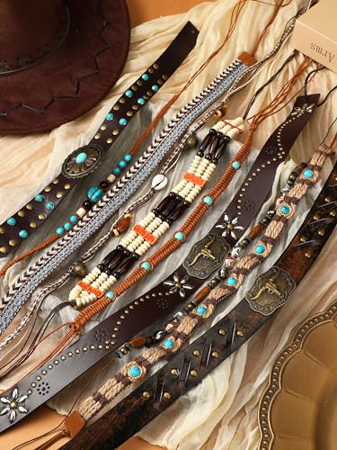 Zeyune 10 Pcs Cowboy Hat Bands Ethnic Western Hat Belts Rural Cowgirl Turquoise Hatbands Beaded Cowboy Supply - style: Stylish Style