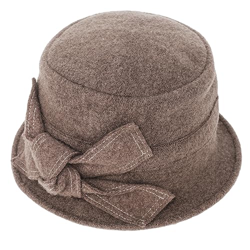 Women 1920s 100% Wool Vintage Cloche Bucket Winter Hat with Bow Knot and Flower - color: Knot-brown