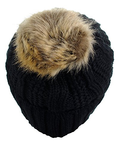 C.C Thick Cable Knit Faux Fuzzy Fur Pom Fleece Lined Skull Cap Cuff Beanie - color: Black