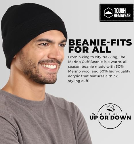 Tough Headwear Merino Wool Beanie - Moisture Wicking Winter Hats for Women - Stretchy Mens Beanie - Breathable Wool Hat - color: Basic - Jet Black