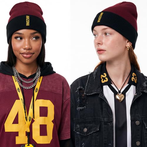 Daxton Vertical USA Cities Cuffed Beanie, Winter Knit Hat Skully Cap for Men Women, City Pride Daily Headwear - color: Arizona Burgundy Black Gold
