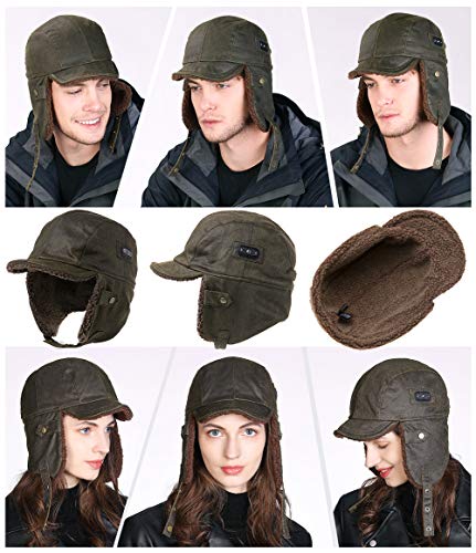 Comhats Aviator Hat Faux Leather Pilot Cap Oversize Adult Men Winter Trapper Hunting Hat 56-66CM - color: Army Green, size: Medium