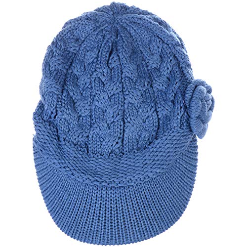 Womens Winter Elegant Cable Flower Knitted Newsboy Cabbie Cap Beret Beanie Hat with Visor, Warm Plush Fleece Lined - color: Denim Blue Cable Flower