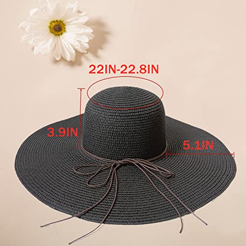 Floppy Big Beach Straw Hats for Women Foldable Summer Wide Brim Packable Sun Hat Womens Travel Straw Fedora Hat - color: Black-1
