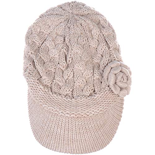 Womens Winter Elegant Cable Flower Knitted Newsboy Cabbie Cap Beret Beanie Hat with Visor, Warm Plush Fleece Lined - color: Lt. Beige Cable Flower