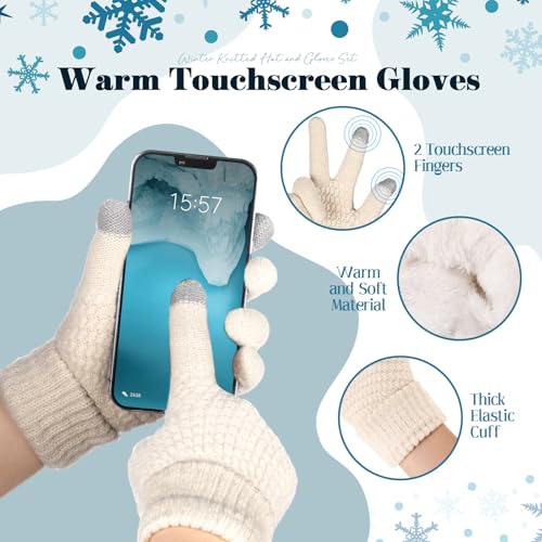 Womens Winter Fleece Lined Knitted Beanie Hat Glove Set, Warm Pom Pom Beanie Knit Cap Touchscreen Gloves for Women - color: Cream
