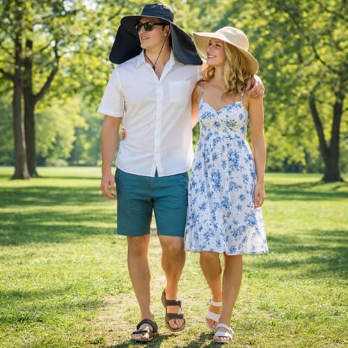 HUAMULAN Women Wide Brim Summer Sun Hat Ponytail Hole with Neck Flap - color: Hyp016-black