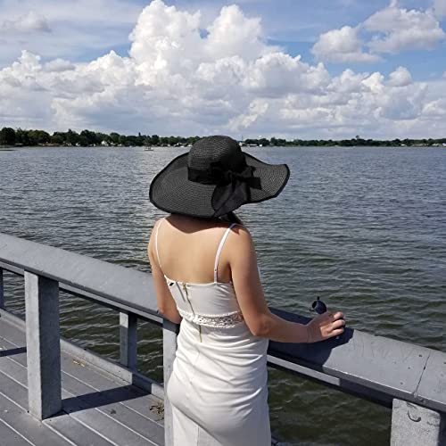 DRESHOW Beach Hats for Women Big Straw Wide Brim Summer Hat Floppy Foldable Roll up Cap Sun Hat UPF 50+ - color: Aca Black 5.9