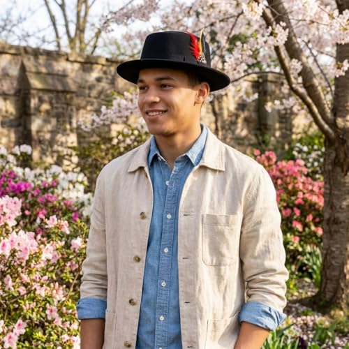 Wool Felt Fedora Hats for Women Men, Wide Brim Flat Top Hat Porkpie Hat, Jazz Hat with Feather Unisex - color: Black