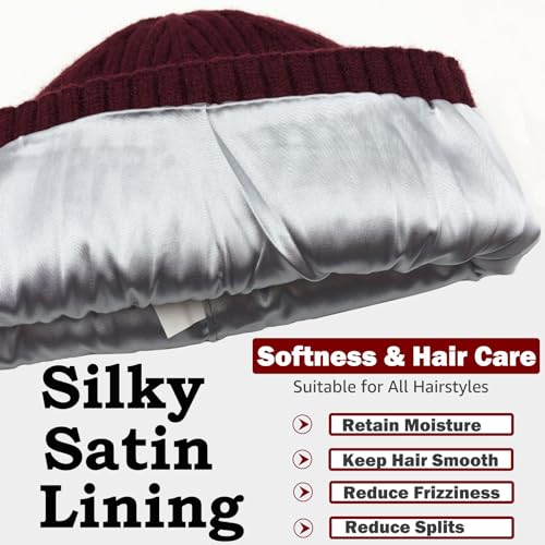 ROYBENS Womens Satin Lined Beanie for Men Wool Knit Cuffed Warm Winter Hats - color: 1pcs-wine Red