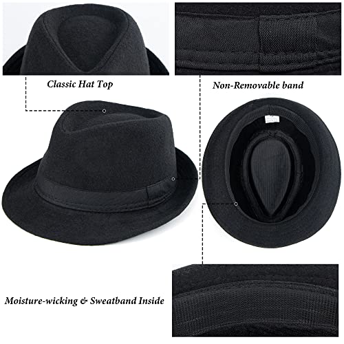 Men Classic Fedora-Hat Felt Manhattan-Gangster-Trilby with Band Unisex Women's Structured Trilby Fedora Hat(Size:S) - color: Black2