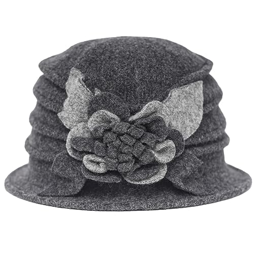 Women 1920s 100% Wool Vintage Cloche Bucket Winter Hat with Bow Knot and Flower - color: Flower-dark Grey
