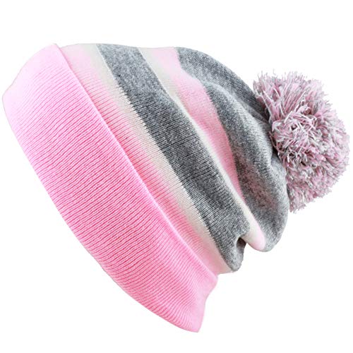 Winter Knit Beanie Hat with Pom Pom – Warm Cuffed Slouch Ski Cap for Men & Women - color: 1.pink and Grey With Pom