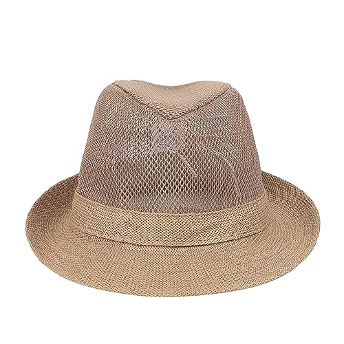 Summer Mesh Fedora Panama Straw Hats for Men Women Short Brim Trilby Hat Adjustable Sun Hat - color: Khaki