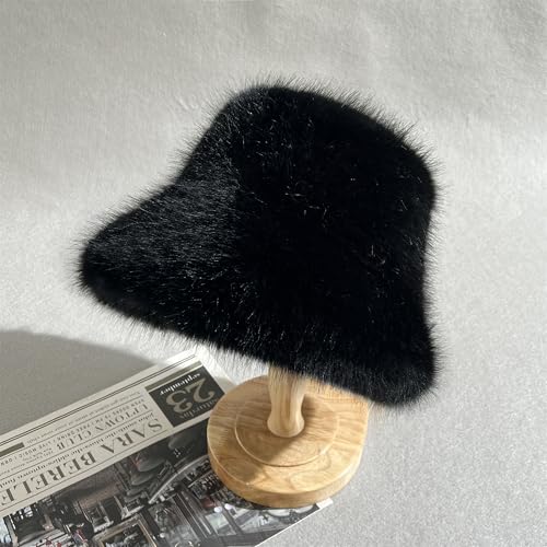Women's Oversized Faux Fur Bucket Hat, Fluffy Plush Winter Hat, Solid Color - color: Black