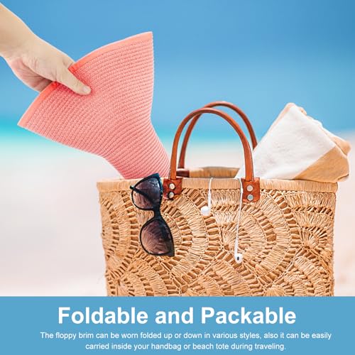 AQOKKA Sun Hats for Women Big Straw Wide Brim Summer Beach Hat Floppy Foldable Roll up Cap for Outdoor UPF 50+ - color: Wide Brim : Pink