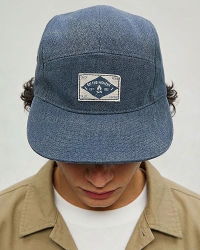 CLAPE Snapback 5 Panel Hat for Men, Washed Cotton Vintage Flat Brim Cap - color: 5p02-washed Blue