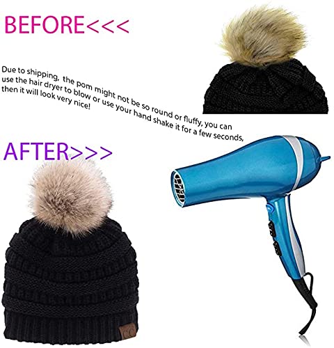 C.C Trendy Fuzzy Fleece Lined Warm Comfortable Soft Stretch Cable Knit Ribbed Faux Fur Pom Pom Beanie Hat - color: Sand Beige