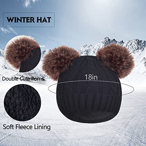 Women Knit Beanie with Pompom, Fleece Lined Neck Warmer & Touchscreen Gloves Set - Winter Thermal Accessories Christmas Gift - color: Black