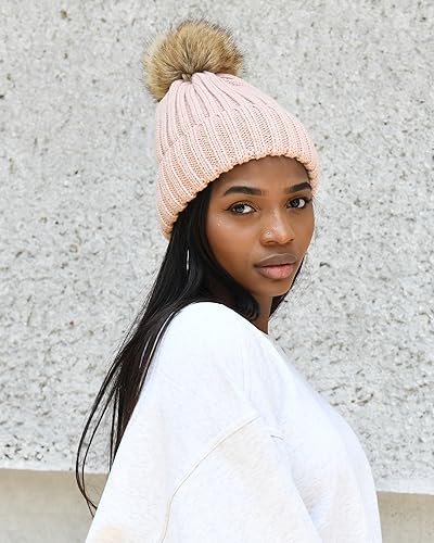 FURTALK Womens Winter Knitted Beanie Hat with Faux Fur Pom Warm Knit Skull Cap Beanie for Women - color: Pink