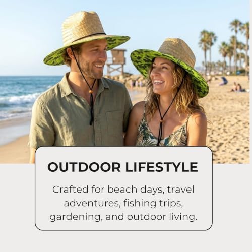 6 Pack Straw Hats – Bulk Wide Brim Lifeguard Sun Hats for Men & Women with Adjustable Chin Strap - color: Natural Straw With Camo Lining