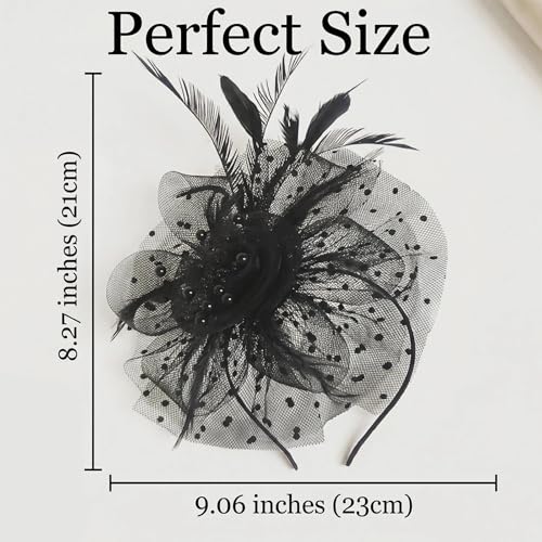 Fascinator Headband - Vintage Tea Party Hat with Feathers & Mesh for Women Derby Hats Wedding Flower Feathers Hair Clip - color: Black