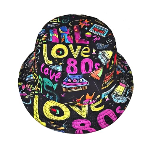 Printed Bucket Hat - Reversible Packable Summer Travel Beach Sun Cap for Men Women Teens - color: Love 80s