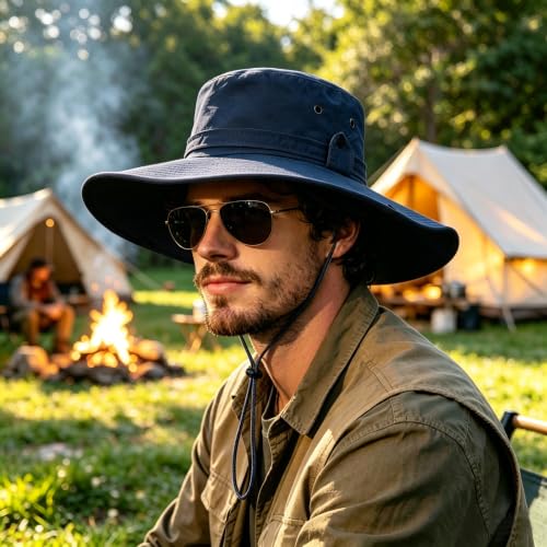 Sun Fishing Hat for Men UPF 50+ Wide Brim Boonie Hats for Summer - color: Navy Blue
