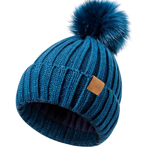 Womens Winter Beanie Hat Fleece Lined Warm Skull Cap with Faux Fur Pom Cuff Knitted Hat for Women - color: Blue