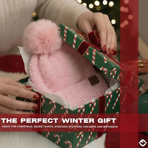 Funky Junque Beanie for Women Ultra Soft Chenille Faux Fur Pom Pom Winter Hats Warm Ski Cap Fashion - color: Terry Chenille - Baby Pink