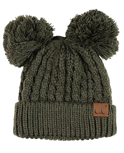 C.C 2 Ear Pom Pom Cable Knit Soft Stretch Cuff Skully Beanie Hat - color: Dark Olive