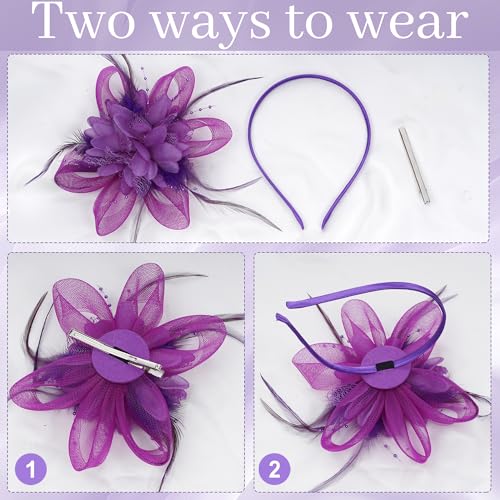 Fascinators Hats with Lace Gloves for Women Headband for Tea Party Wedding - color: Purple