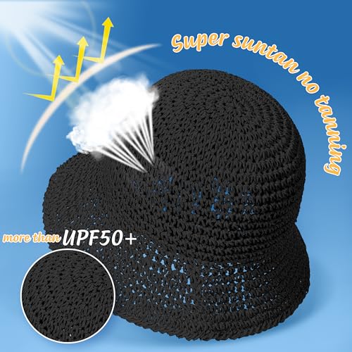 Womens Sun Hat Handmade Straw Bucket UV Protection Travel Summer Beach Cap - color: Black
