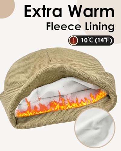 Century Star Men's Fleece-Lined Beanie Winter Knit Hat - Stretchable, Warm, Windproof, Unisex Cuffed Ski Cap for Sports - color: Khaki