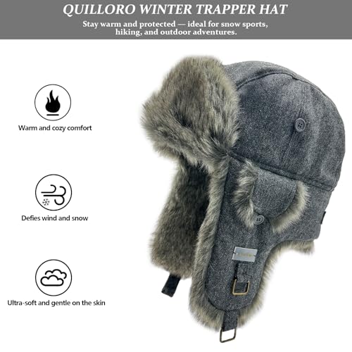 Winter Trapper Hat for Men and Women,Wool Russian Ushanka Aviator Warm Cold Proof Ski Hunting Cycling Winter Hats - color: Grey Herringbone Faux Fur, size: Large-X-Large
