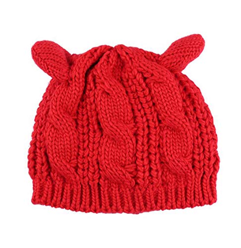 Women Winter Wool Baggy Beret Beanie Cute Devil Cat Ear Crochet Braided Knit Hat Ski Cap - color: Red