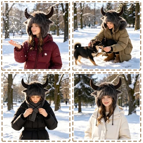 XGOPTS Winter Faux Fur Plush Hat with Horns Warm Animal Horn Ox Earflap Hat - color: Cofffee