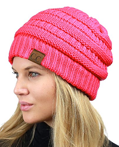 C.C Unisex Chunky Soft Stretch Cable Knit Warm Fuzzy Lined Skully Beanie - color: Candy Pink
