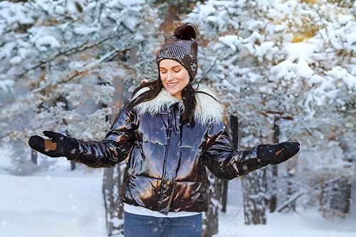 Funky Junque Women's Sequin Pom Beanies – Soft Knit Sparkly Bling Winter Hats for Women, Faux Fur Pom Glitter Sparkle Hat - color: Smooth Sequin - Brown
