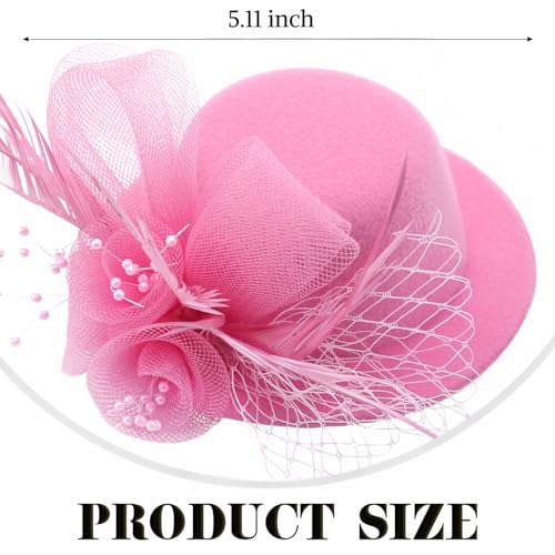 Zinniday Girls Elegant Tea Hat - Pink Derby Hats with a Flower for Tea Party, Mini Fascinator Hair Clip for Girl Children Kentucky Party, 5.11inch - color: Pink